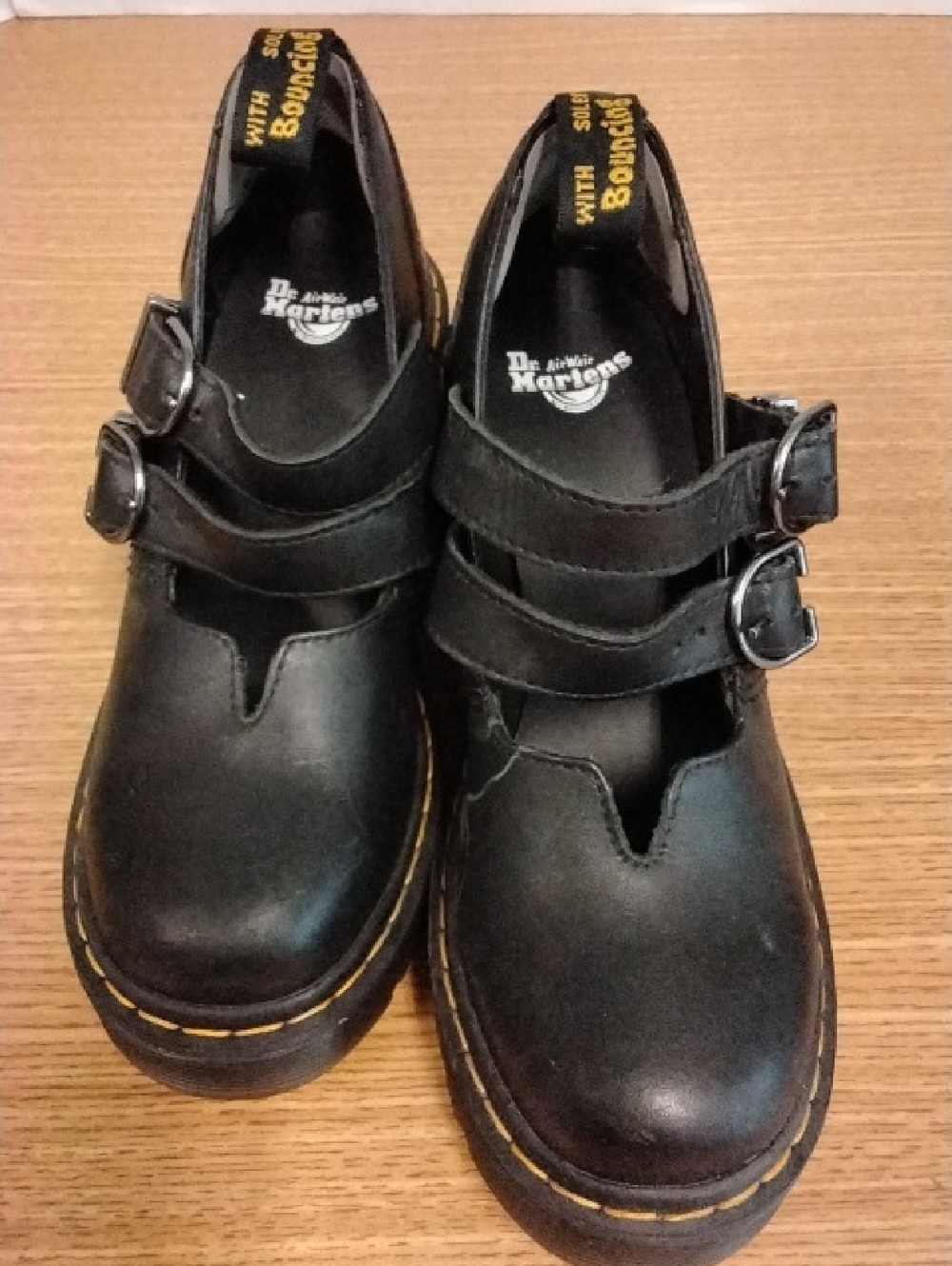 Dr. Martens Women’s Black  Leather Double-Strap Mary Jane with Yellow Stitching